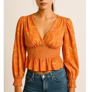 Y2K Orange Floral Sheer Baby Doll Boho Fairy Romantic Girly Top Medium